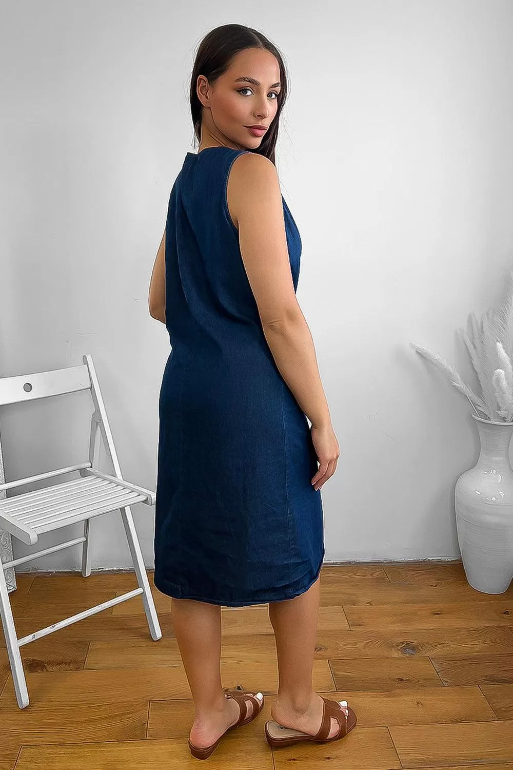 100% Cotton Sleeveless Denim Midi Dress