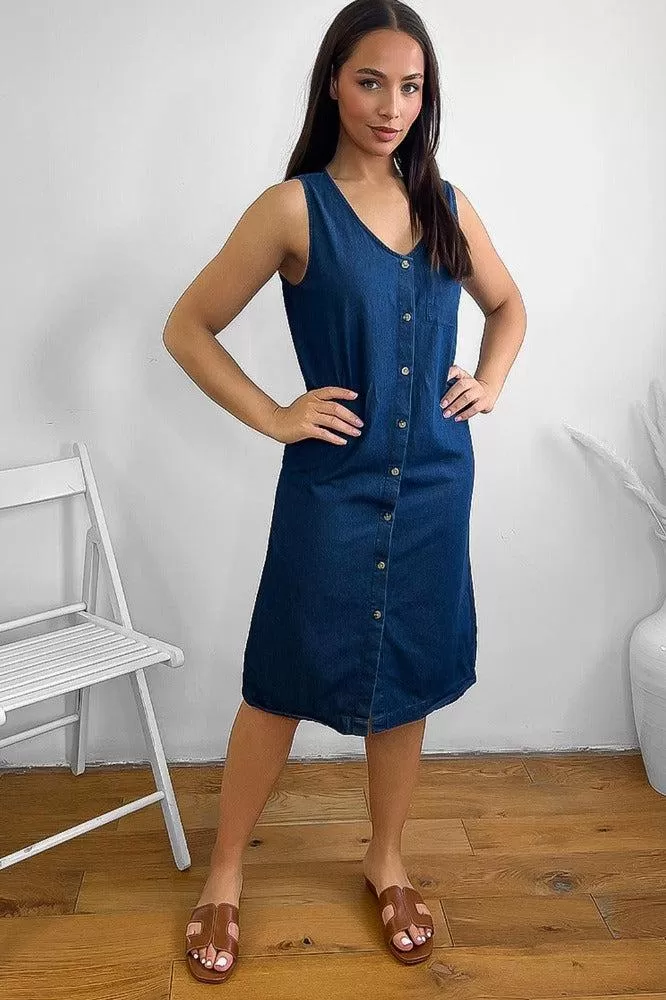 100% Cotton Sleeveless Denim Midi Dress