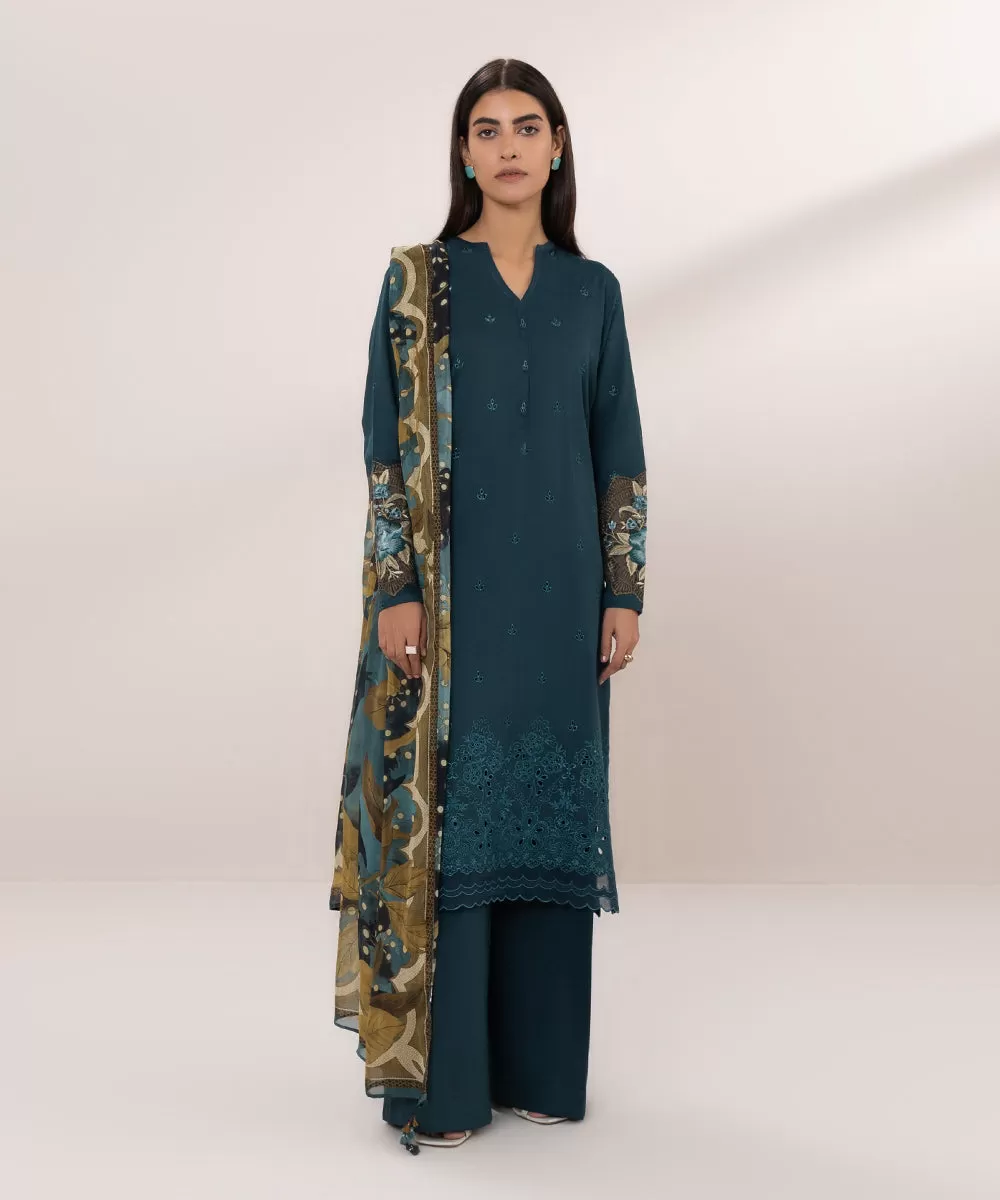 3 Piece - Embroidered Cotton Satin Suit