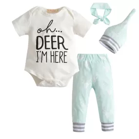 4Pcs Newborn Deer Tops Pants Headband Hat Outfit