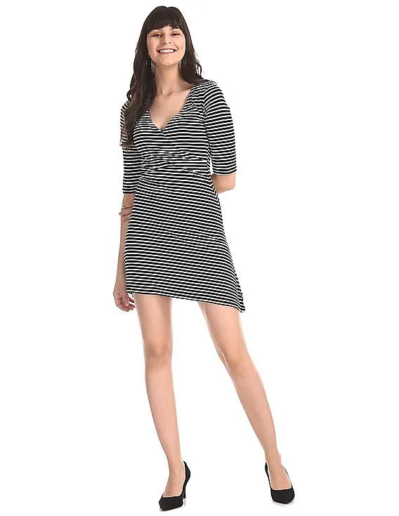 Aeropostale Black Overlapped V-Neck Striped Dress