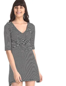 Aeropostale Black Overlapped V-Neck Striped Dress