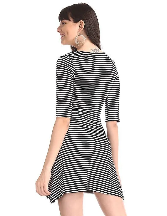 Aeropostale Black Overlapped V-Neck Striped Dress