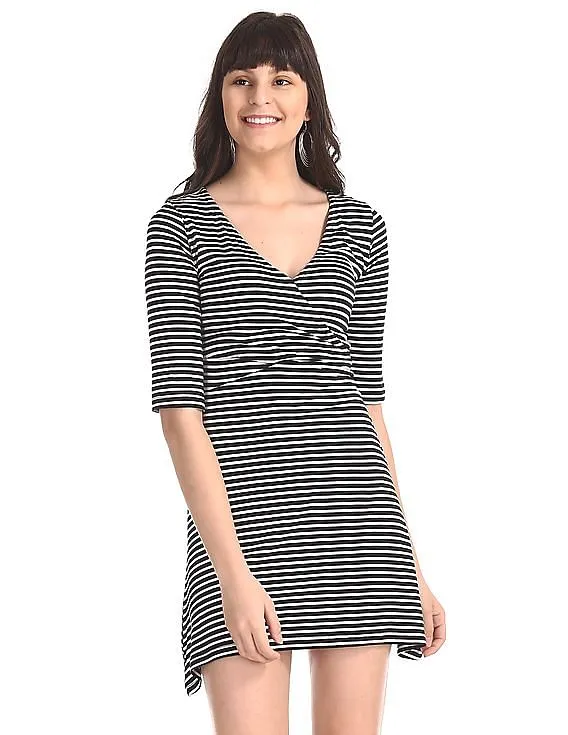 Aeropostale Black Overlapped V-Neck Striped Dress