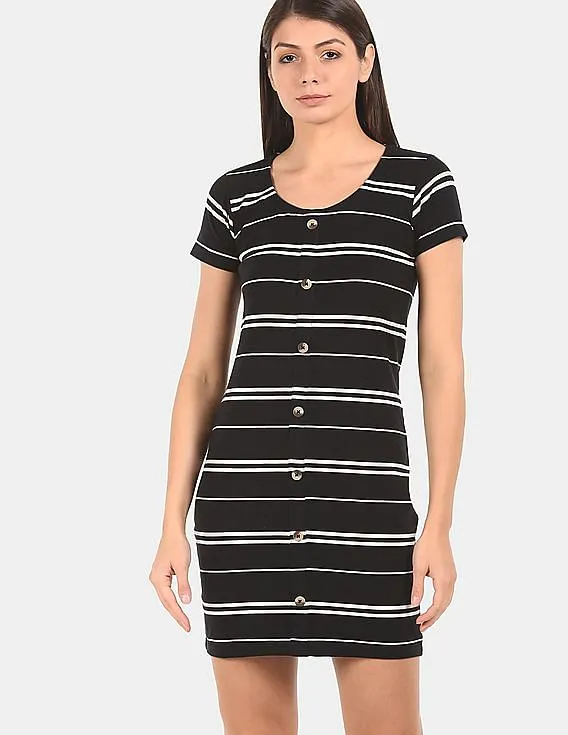 Aeropostale Women Black Striped T-Shirt Dress