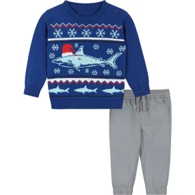 Andy & Evan Infant Shark Jacquard Holiday Sweater Set, Blue