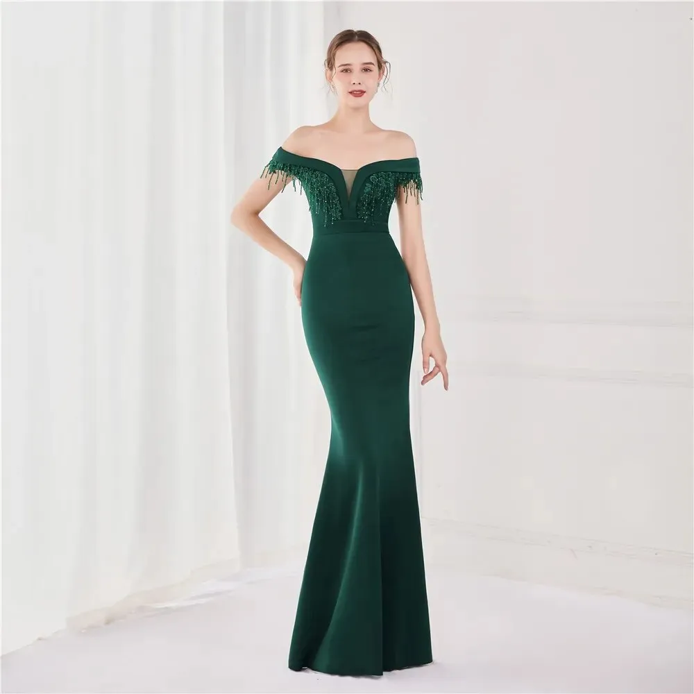 Appliques Beading Green Long Evening Dress Elegant Off Shoulder Formal Party Prom Dress