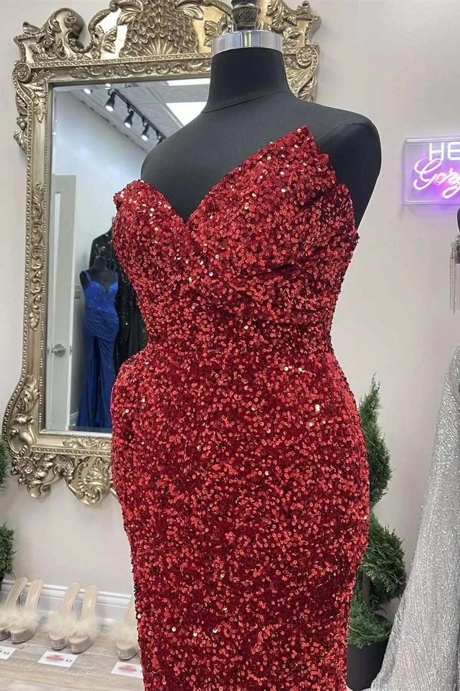 Asymmetrical Burgundy Sequin Strapless Mermaid Long Prom Dress with Slit