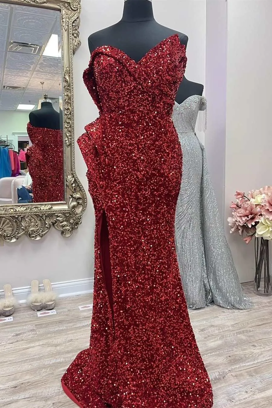 Asymmetrical Burgundy Sequin Strapless Mermaid Long Prom Dress with Slit