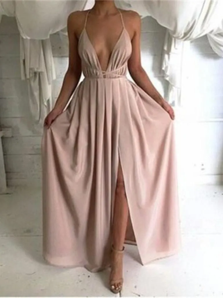 Backless Dusty Pink Chiffon Crisscross Straps Prom Dress with slit