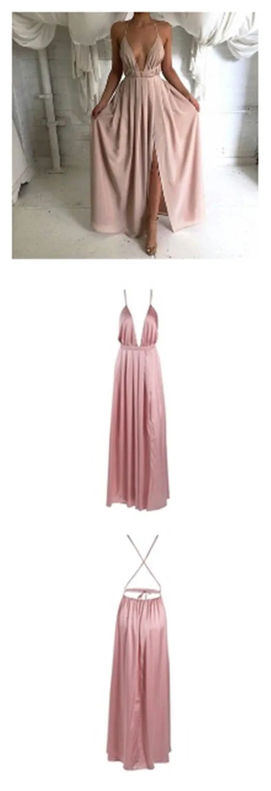 Backless Dusty Pink Chiffon Crisscross Straps Prom Dress with slit