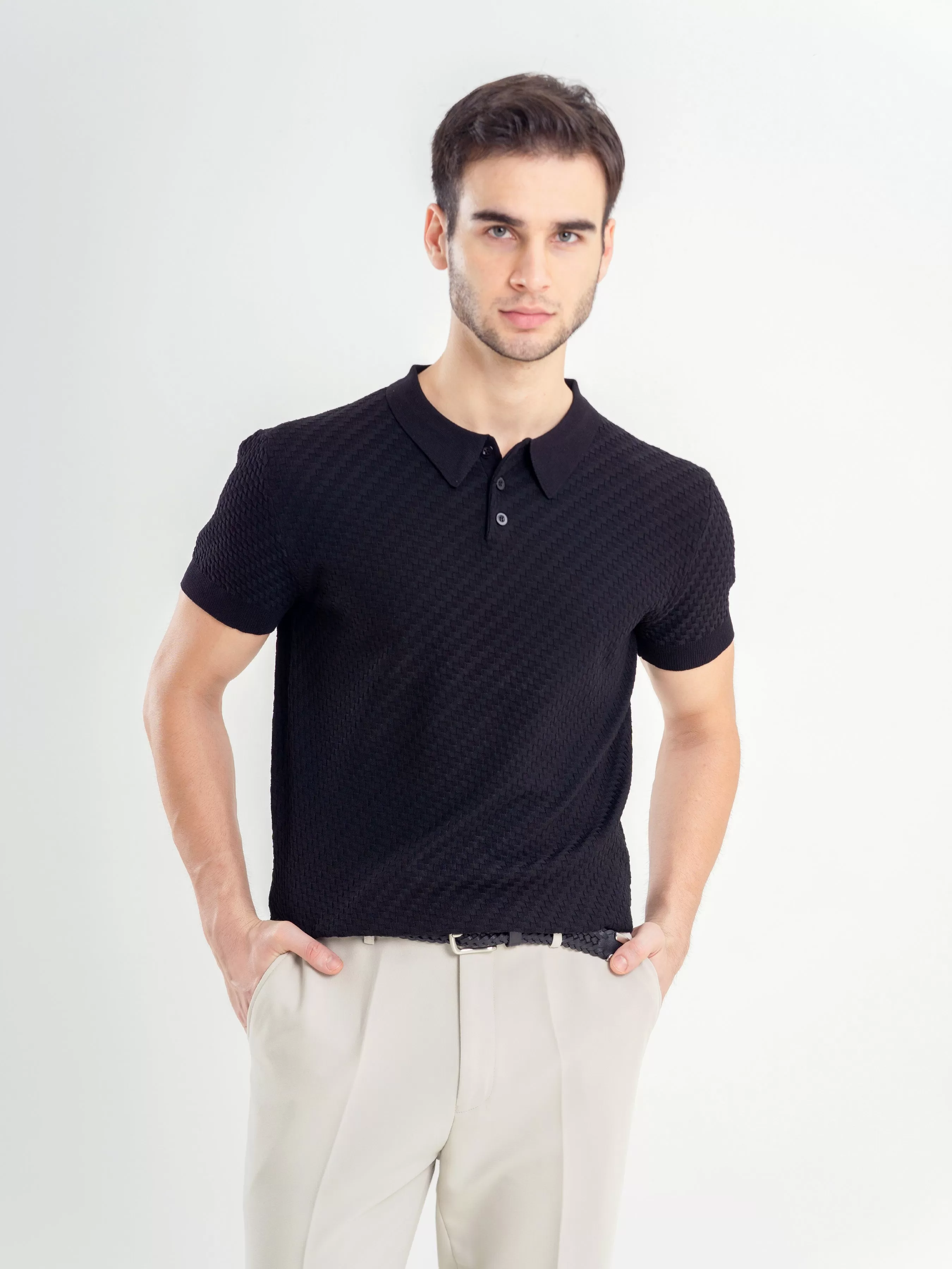 Basketweave Knit Polo Tee - Black