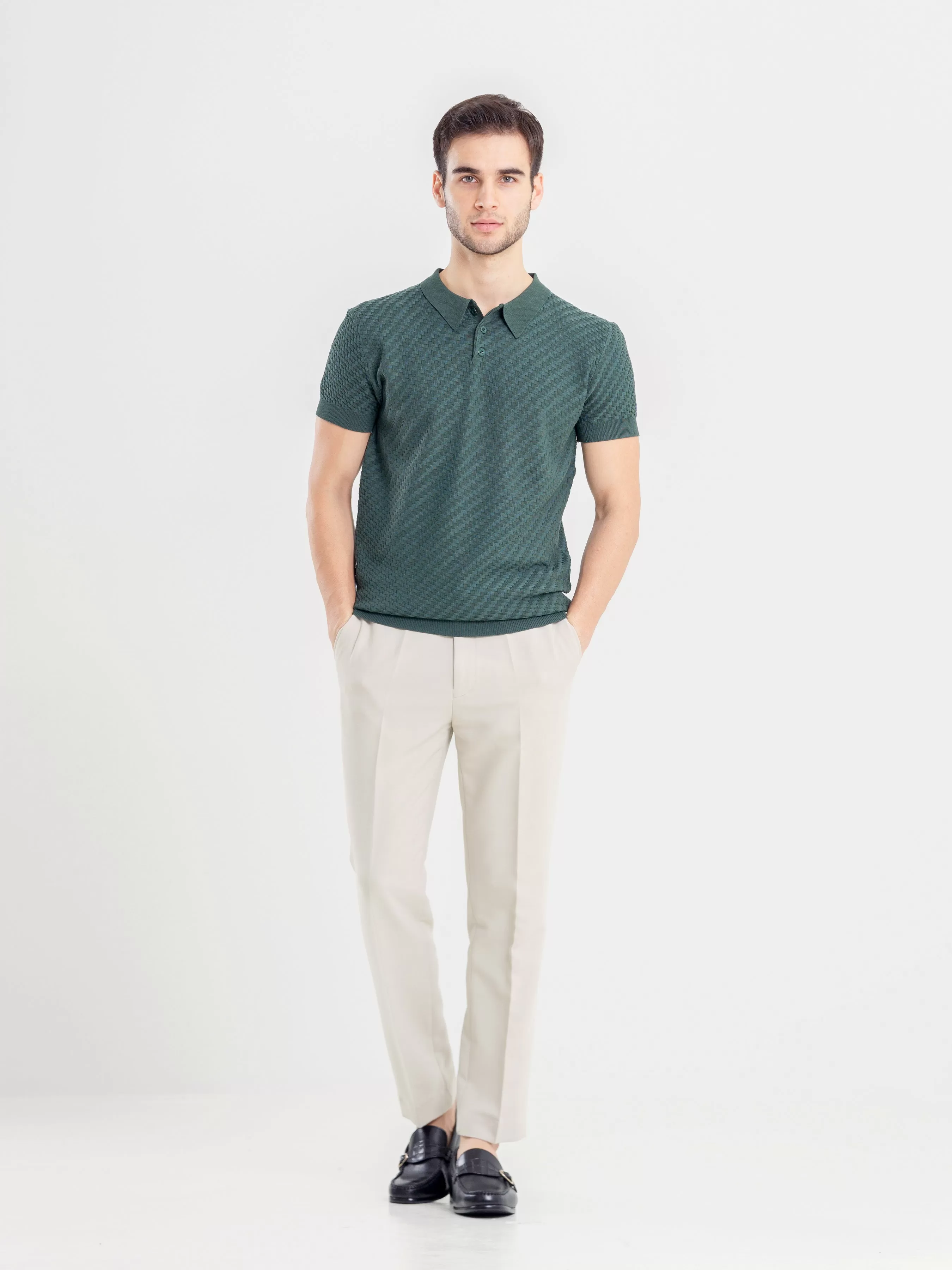 Basketweave Knit Polo Tee - Forest Green