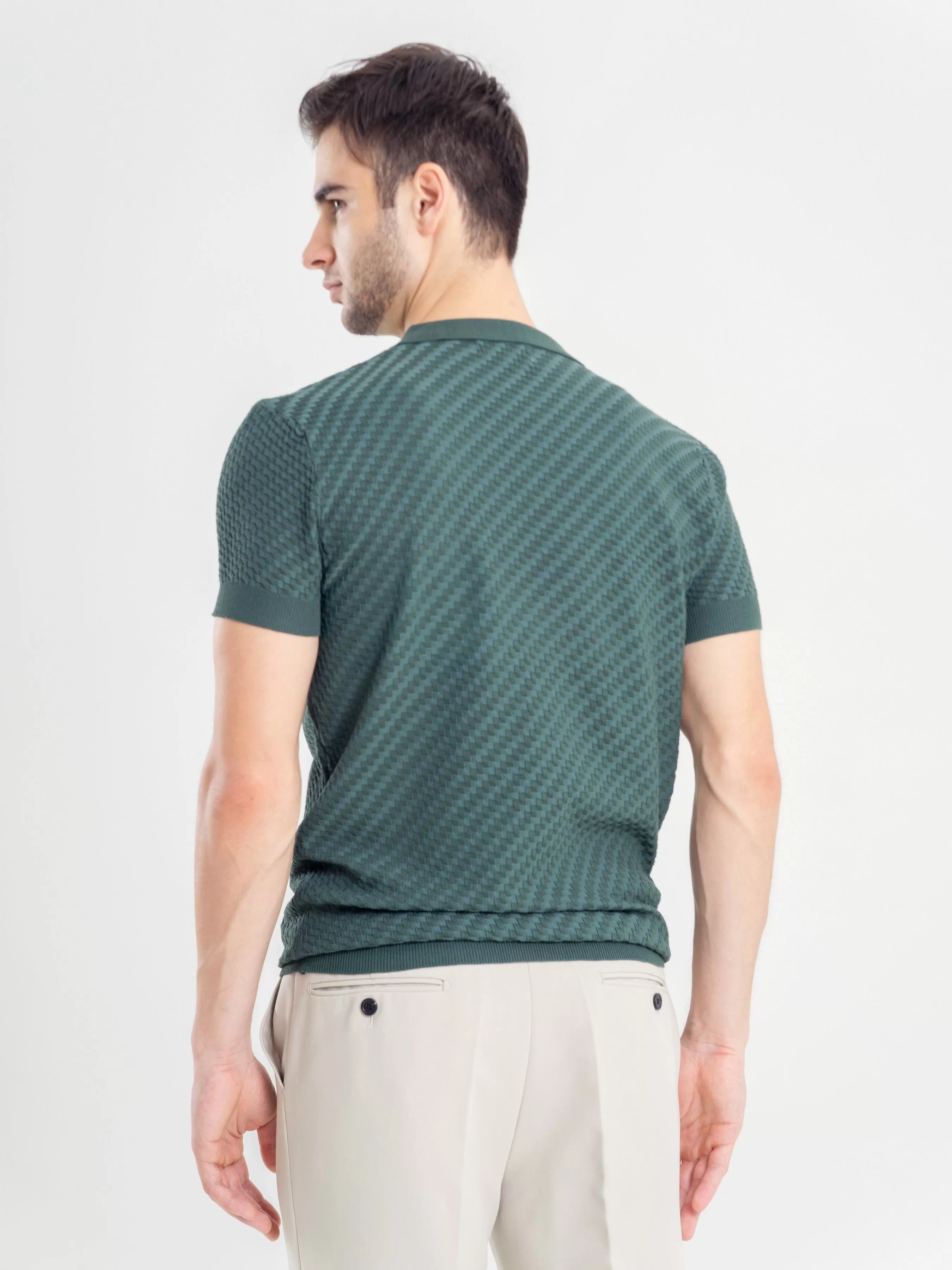 Basketweave Knit Polo Tee - Forest Green