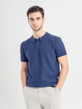 Basketweave Knit Polo Tee - Steel Blue