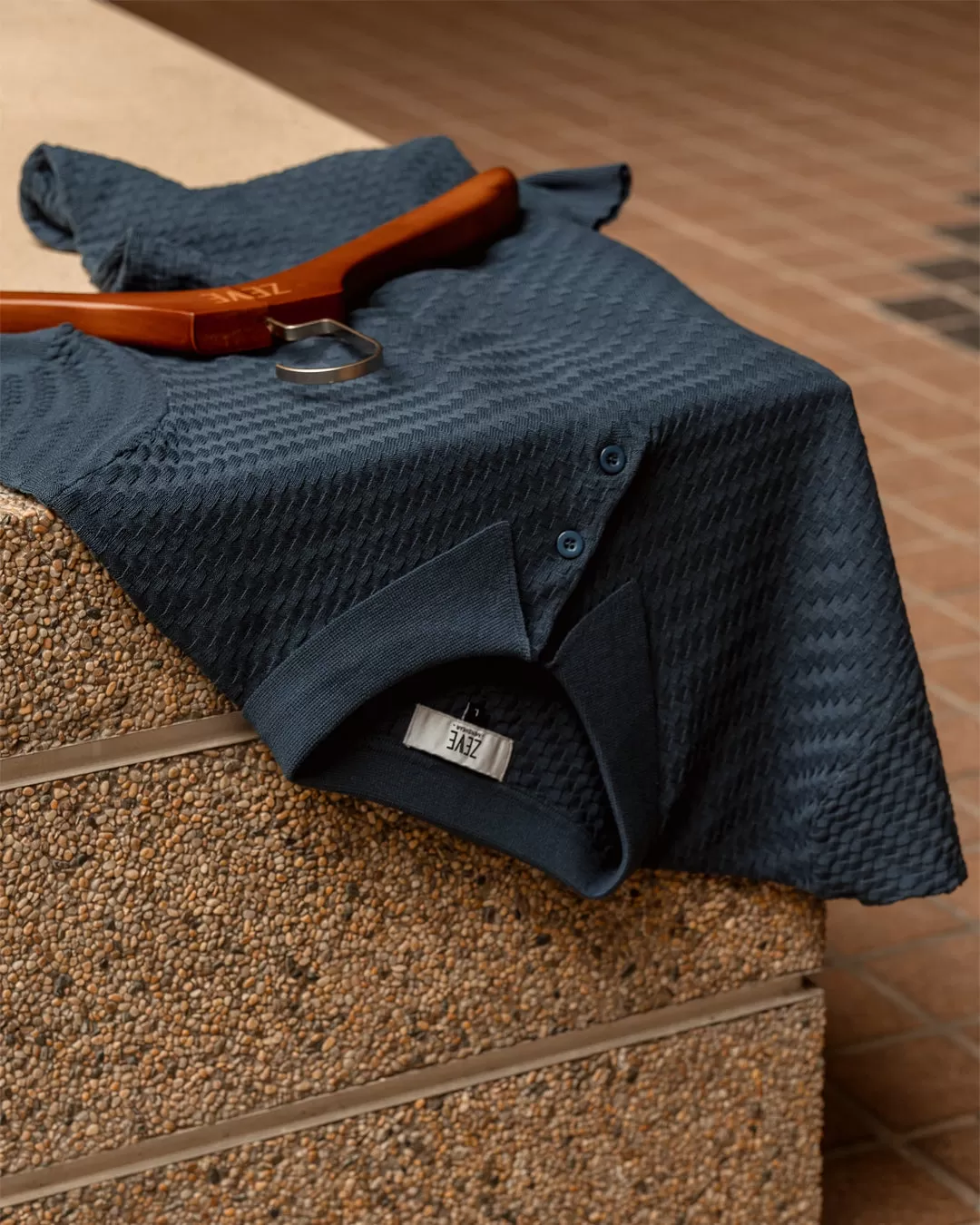 Basketweave Knit Polo Tee - Steel Blue