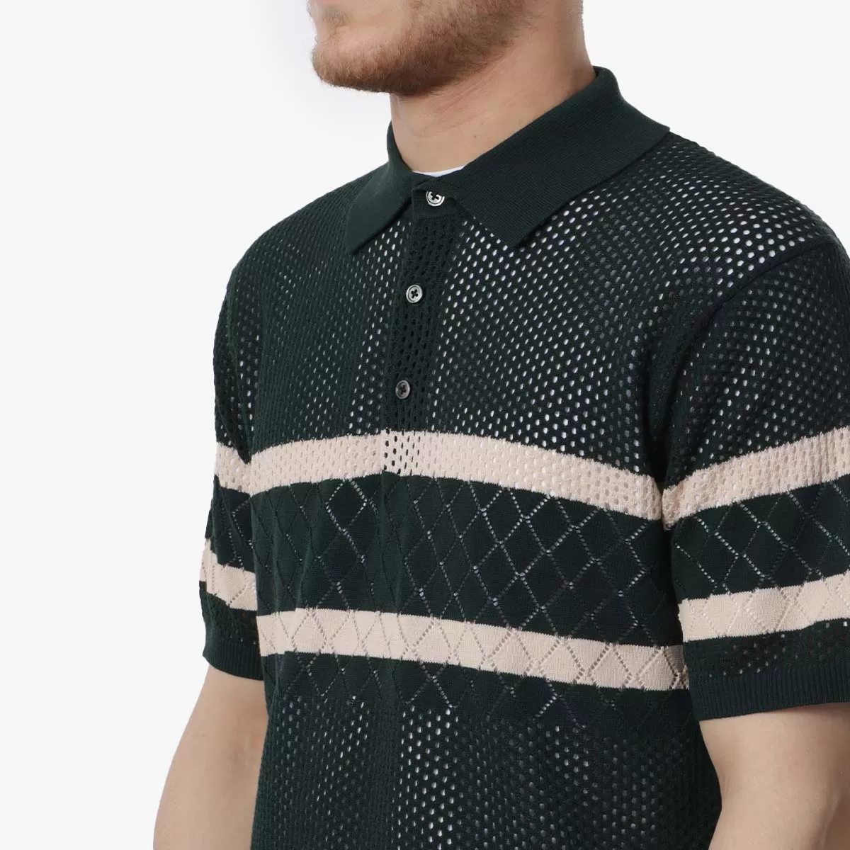 Beams Plus Knit Polo Mesh Stripe Shirt