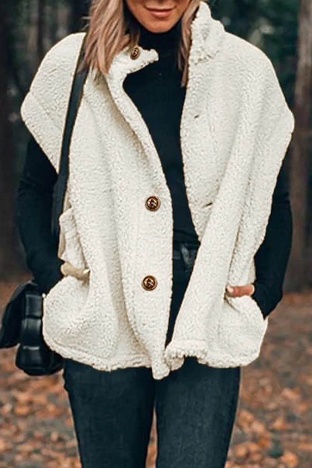 Beige Sherpa Cap Sleeve Stand Collar Vest