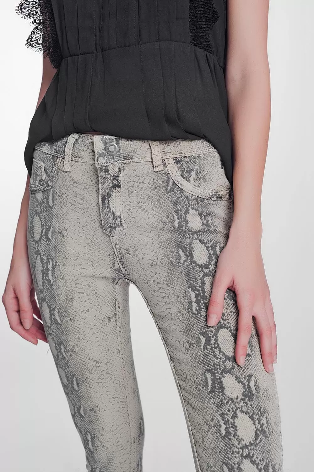 Beige Super Skinny Reversible Pants With Snake Print