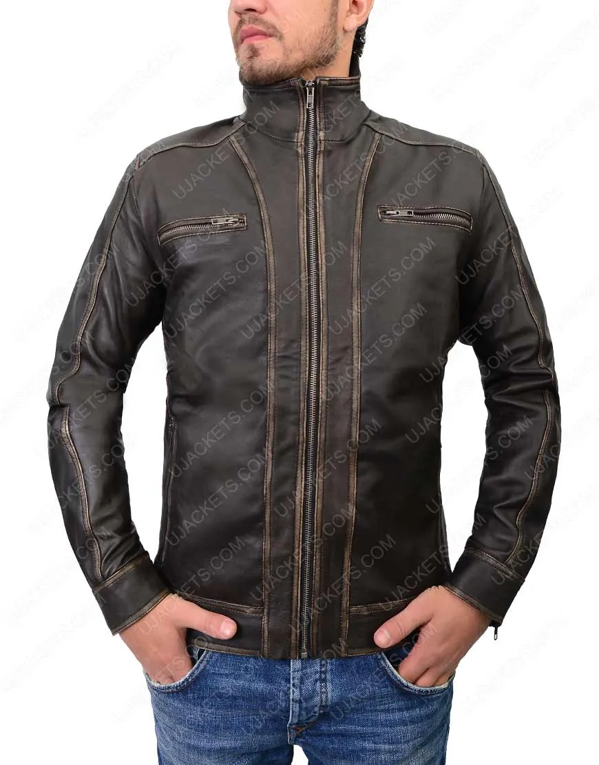 Biker Mens Distressed Dark Brown Cafe Racer Jacket - Ujackets