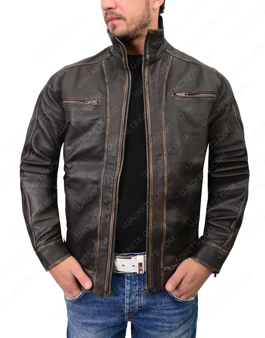 Biker Mens Distressed Dark Brown Cafe Racer Jacket - Ujackets