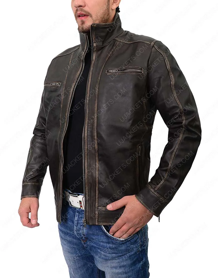 Biker Mens Distressed Dark Brown Cafe Racer Jacket - Ujackets