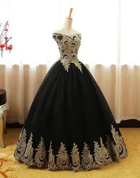 Black Appliques Long Black Prom Dresses