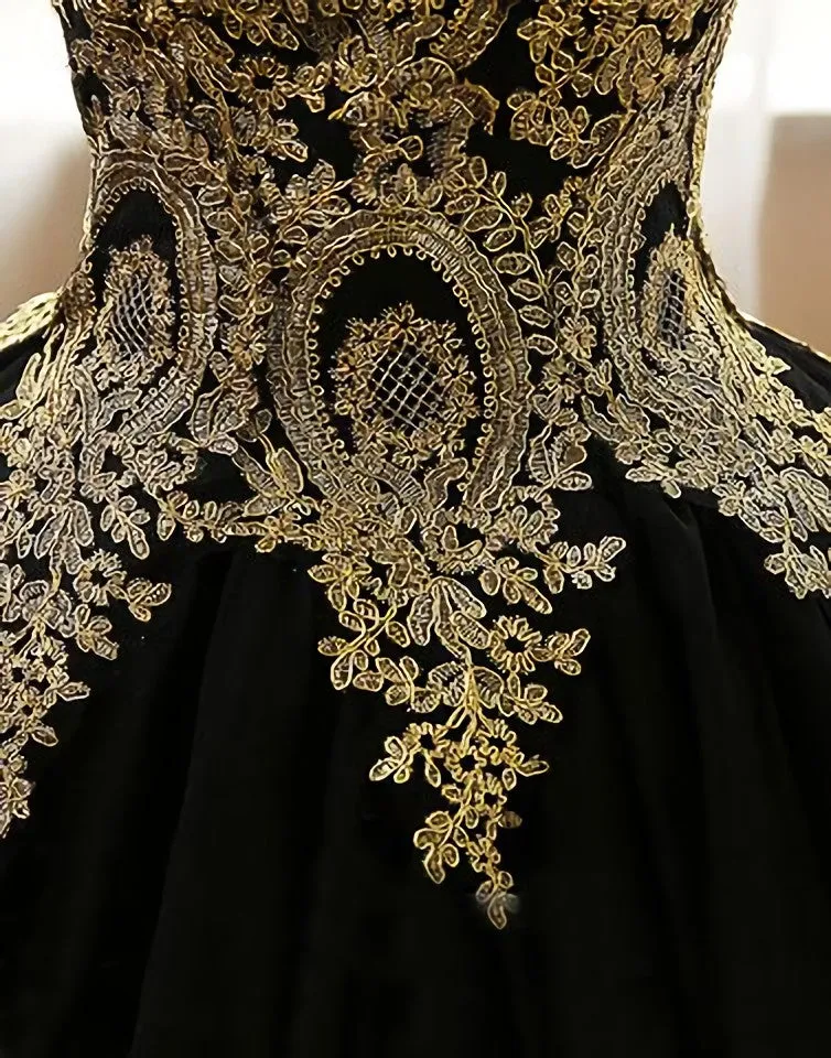 Black Appliques Long Black Prom Dresses