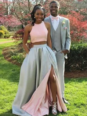 Black Girl Prom Dress Two Piece Prom Dress with Side Slit and Pockets