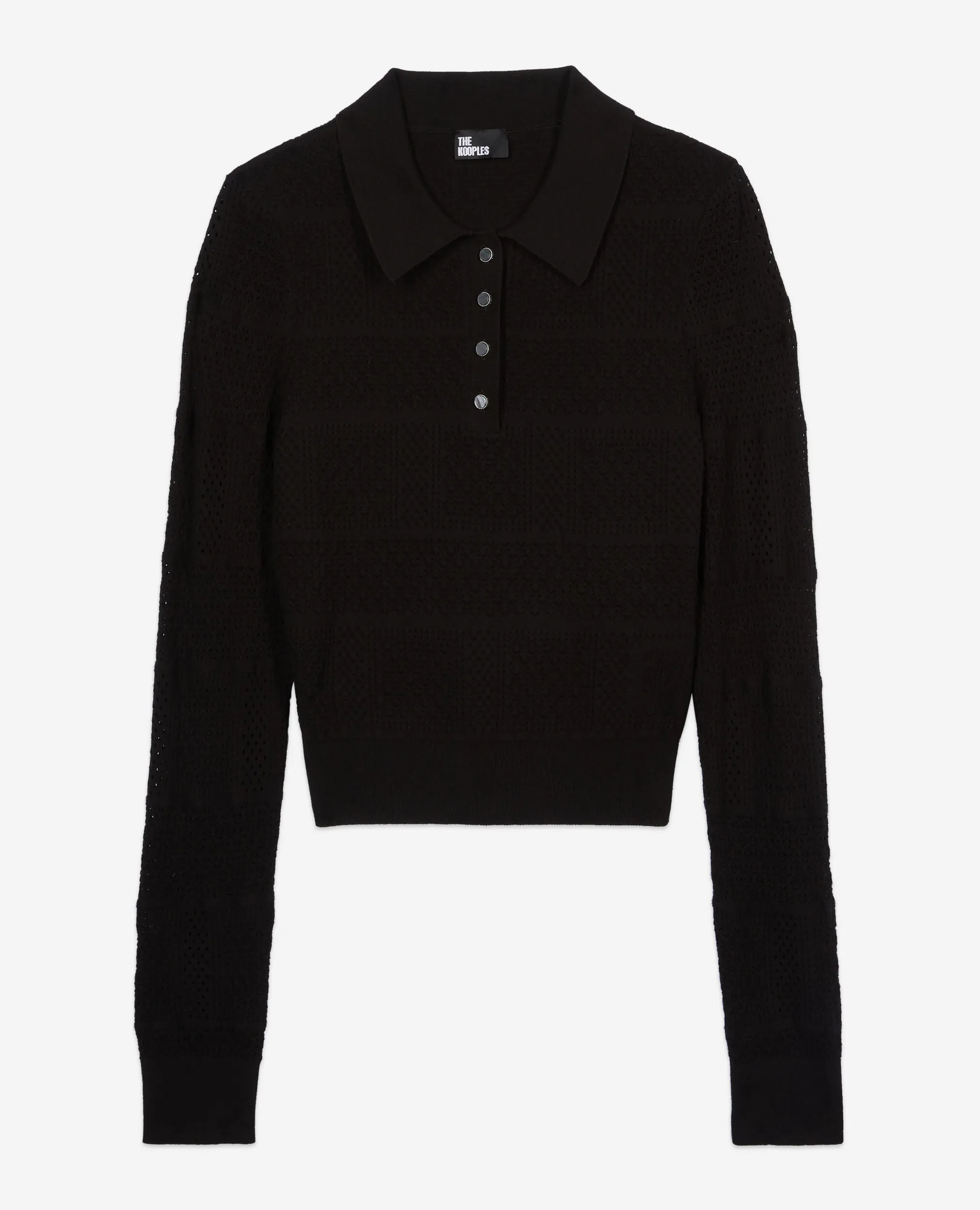 Black openwork knit polo shirt