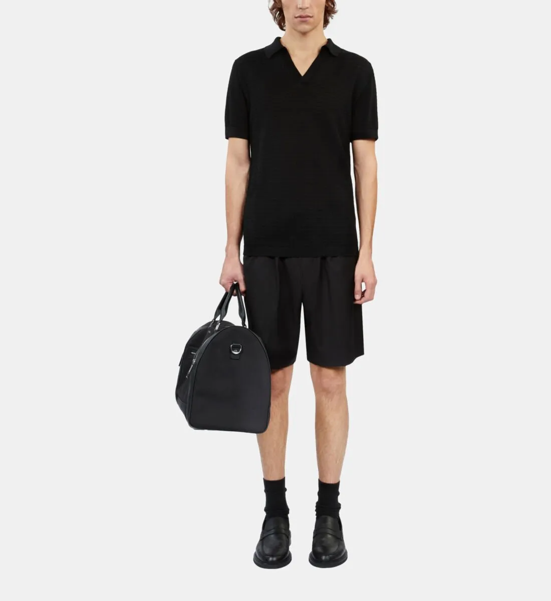 Black openwork knit polo t-shirt