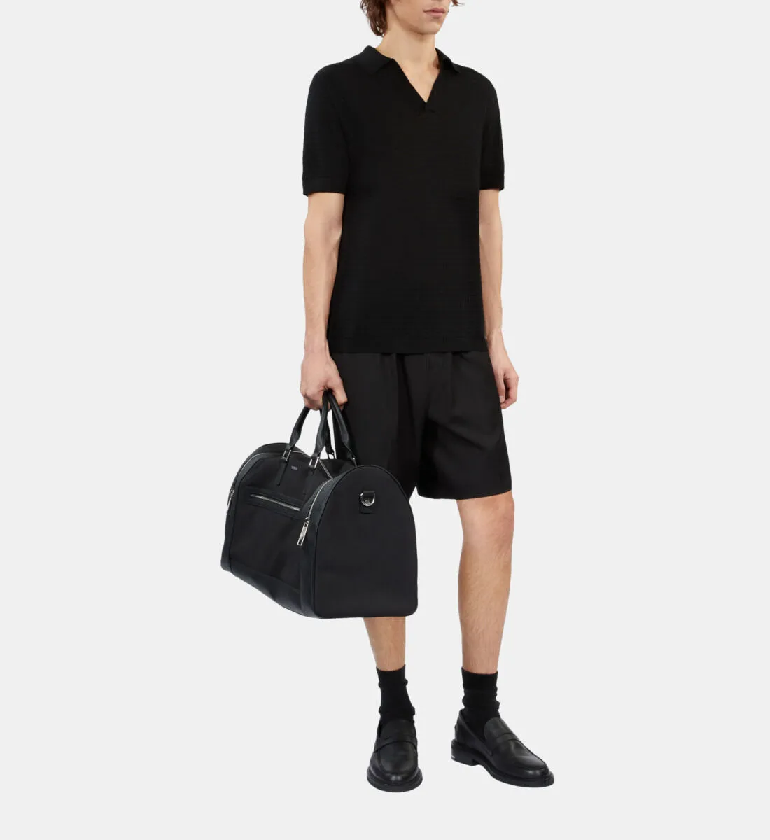 Black openwork knit polo t-shirt