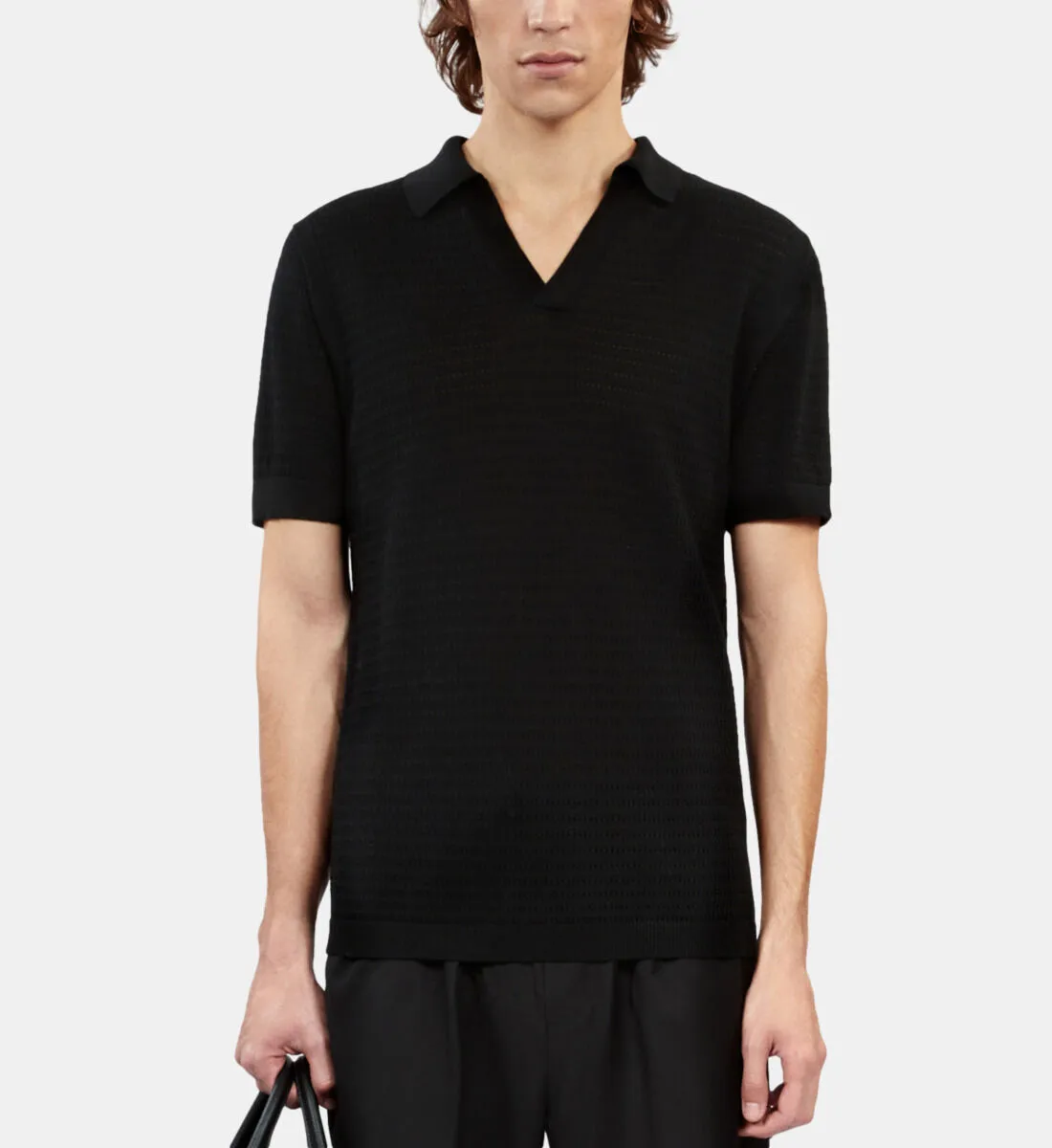 Black openwork knit polo t-shirt