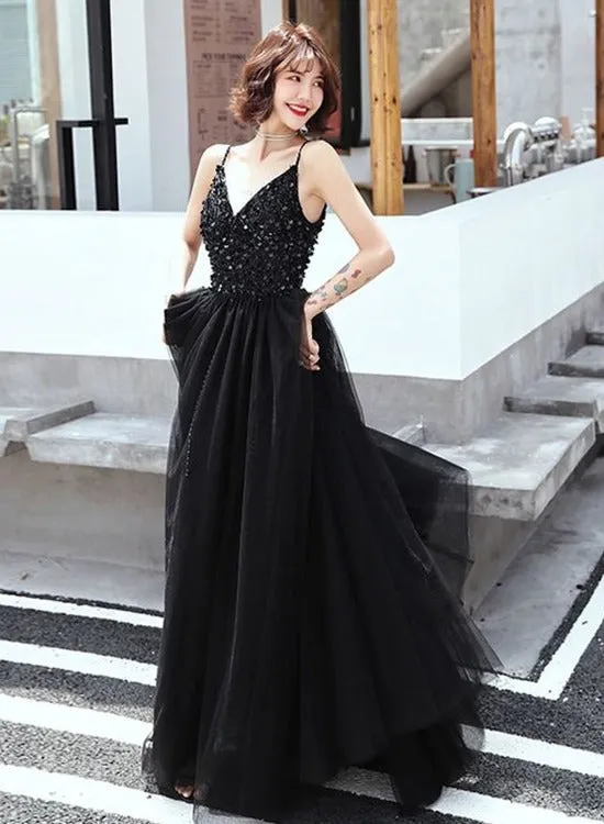 Black V-neckline Beaded Straps Tulle Long Slit Formal Dress, Black Prom Dress Party Dress