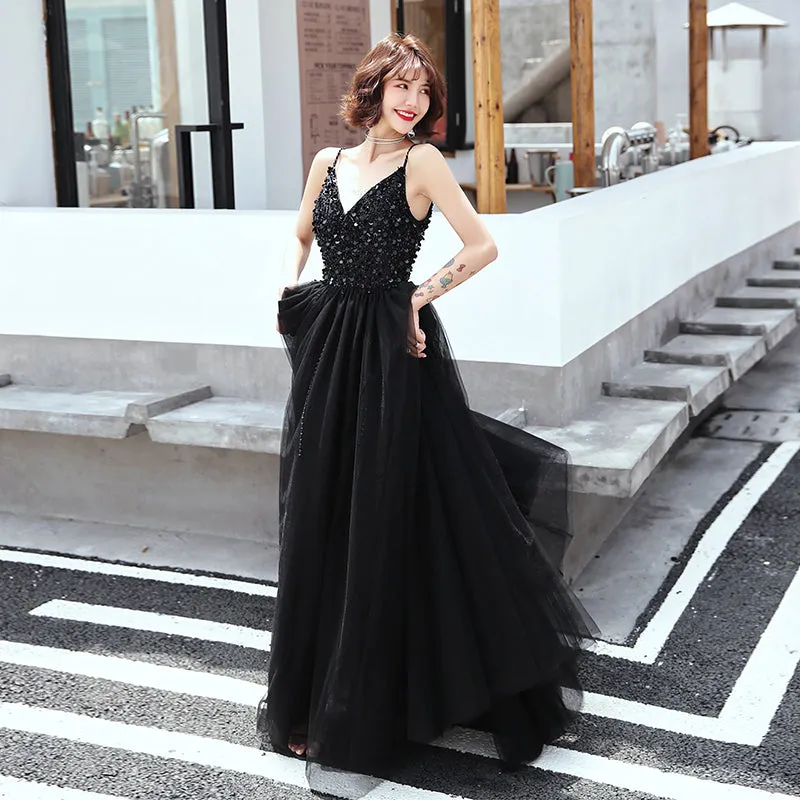 Black V-neckline Beaded Straps Tulle Long Slit Formal Dress, Black Prom Dress Party Dress