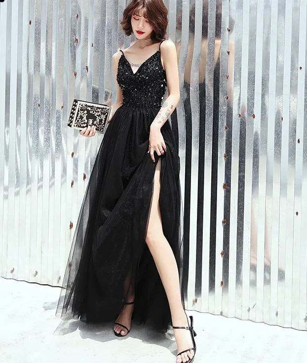 Black V-neckline Beaded Straps Tulle Long Slit Formal Dress, Black Prom Dress Party Dress