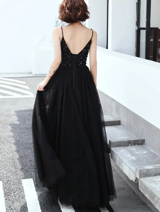 Black V-neckline Beaded Straps Tulle Long Slit Formal Dress, Black Prom Dress Party Dress