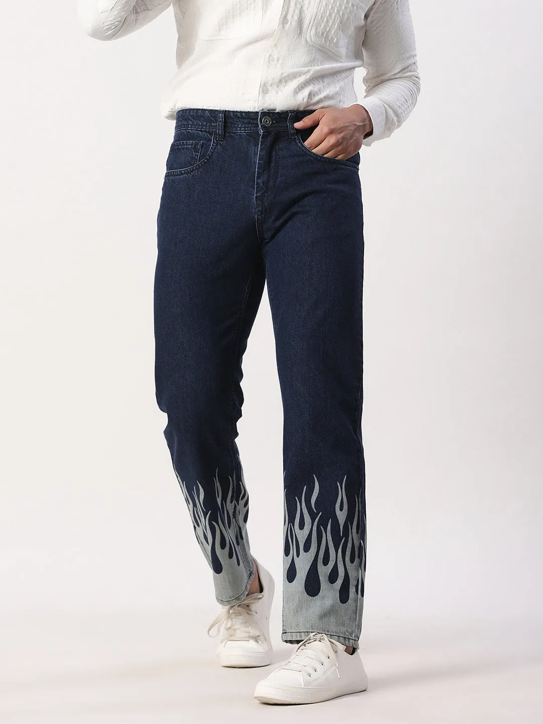 Blue Flame Printed Straight Fit Denim Jeans