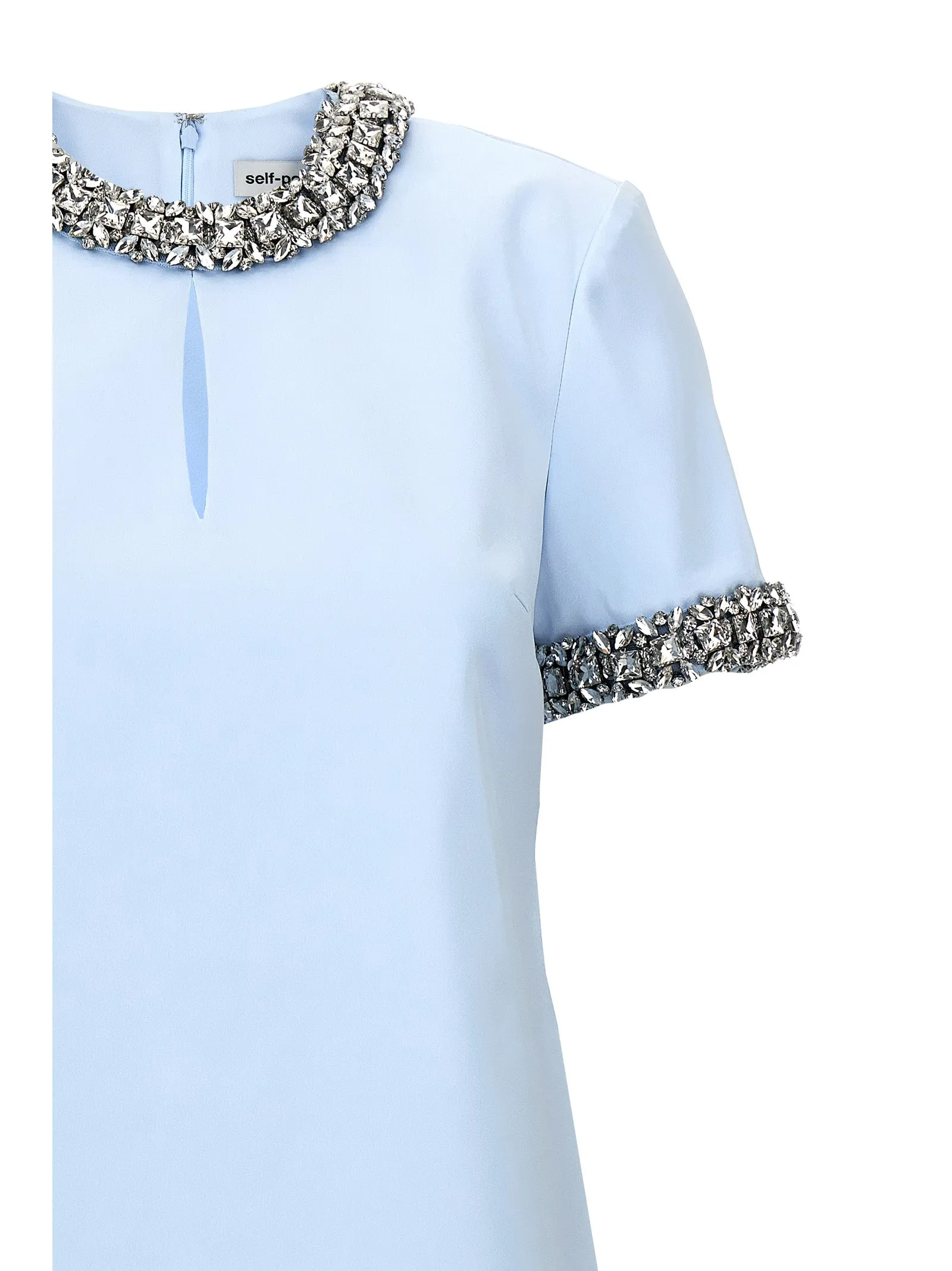 Blue Satin Embellished Mini Dresses Light Blue