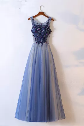 Blue Scoop Neck Sleeveless A Line Floor Length Beading Prom Dresses