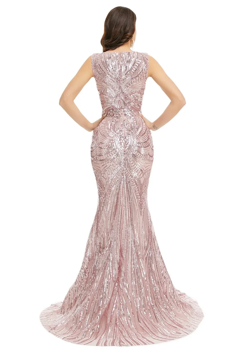 Blush Pink Sequins Formal Gala Prom Evening Dress with Side Slit EN5015