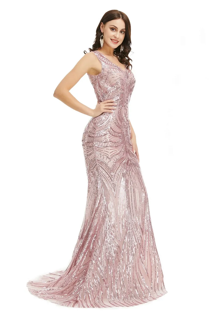 Blush Pink Sequins Formal Gala Prom Evening Dress with Side Slit EN5015