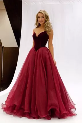 Burgundy A Line Sweep Train Sweetheart Strapless Sleeveless Tulle Prom Dresses