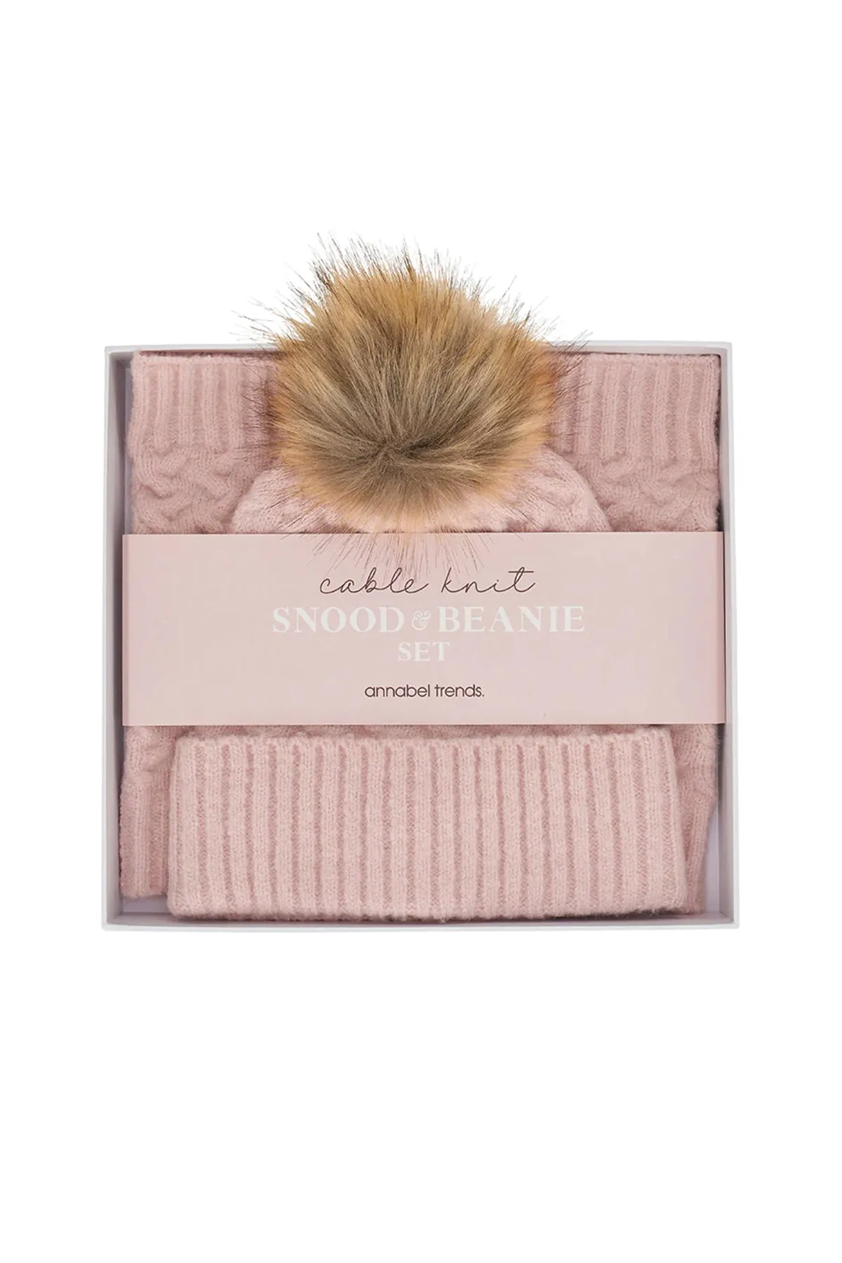 Cable Knit Snood & Beanie Set Pink