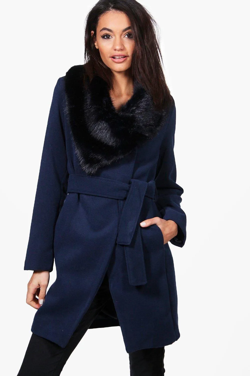 Caroline Faux Fur Collar Belted Coat