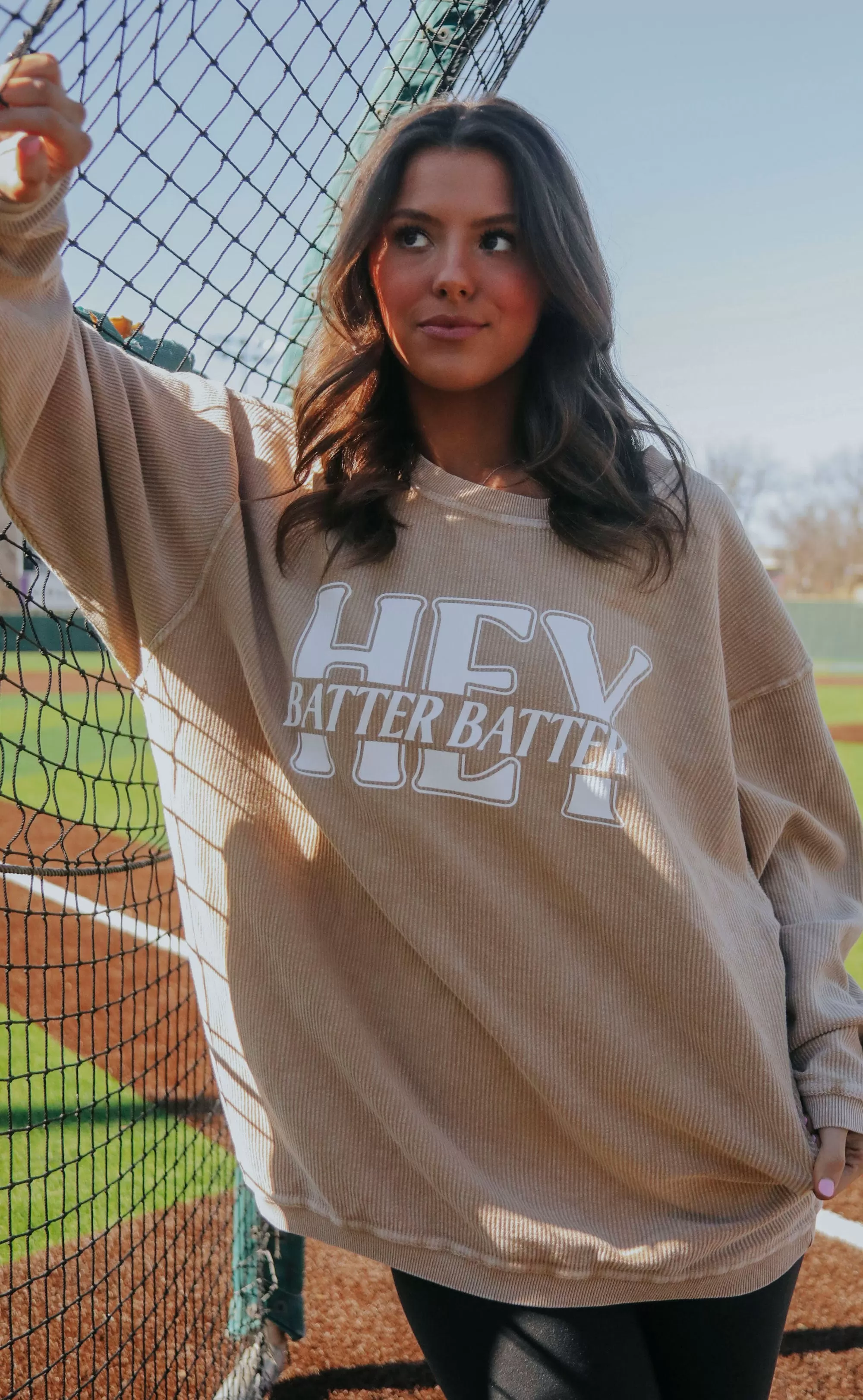 charlie southern: hey batter batter corded sweatshirt - latte