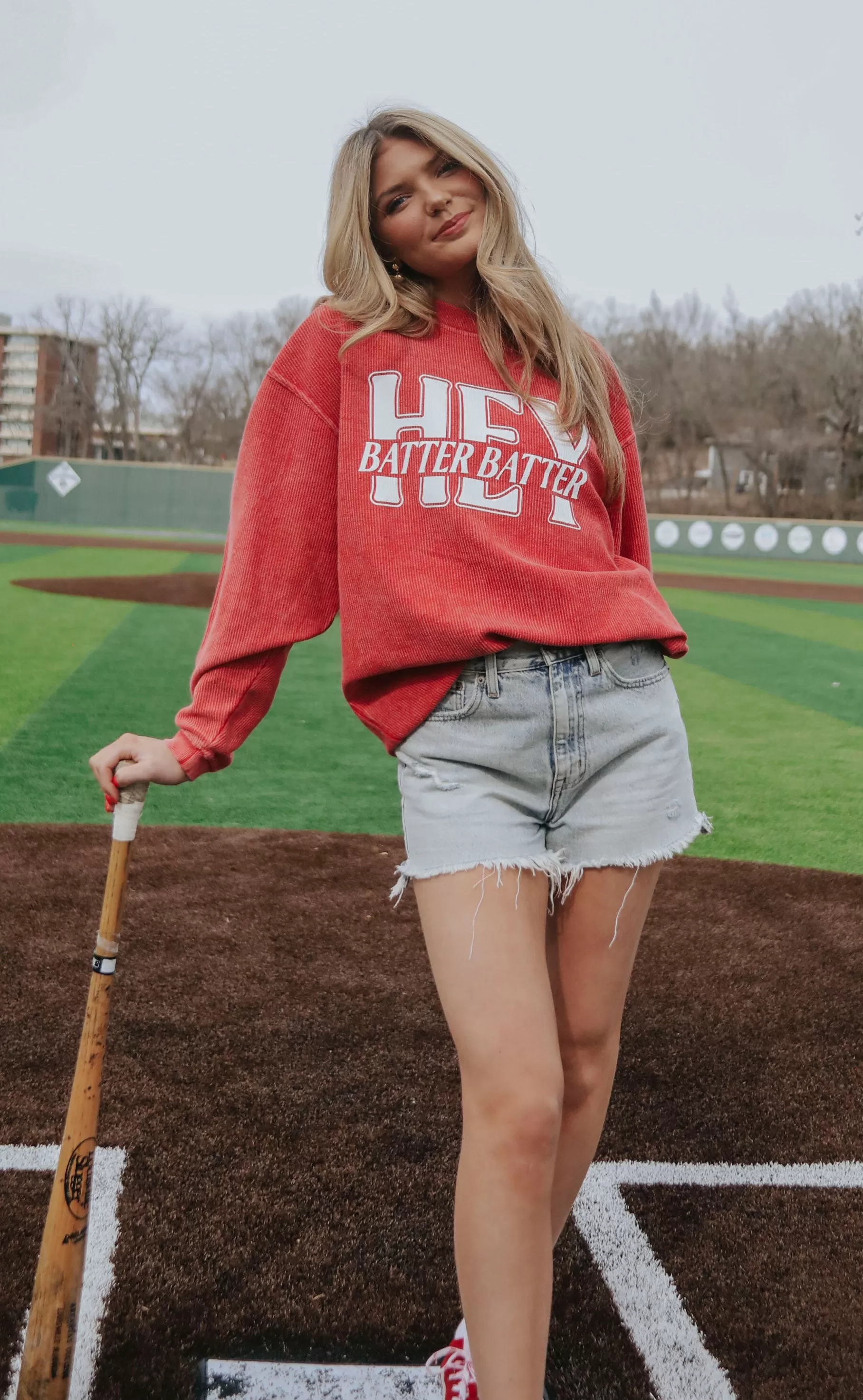 charlie southern: hey batter batter corded sweatshirt - red