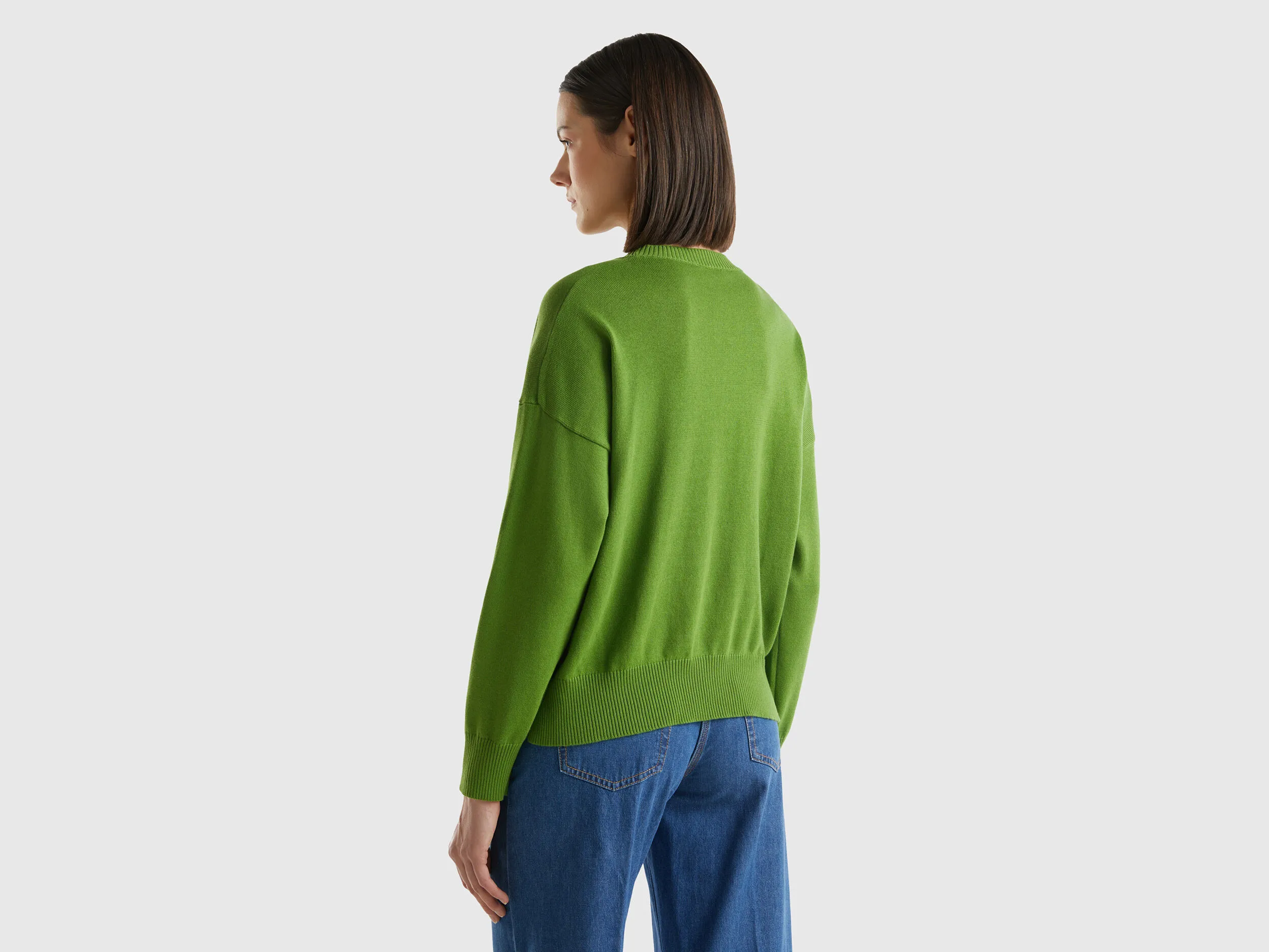 Crew neck sweater in tricot cotton - Military Green | Benetton