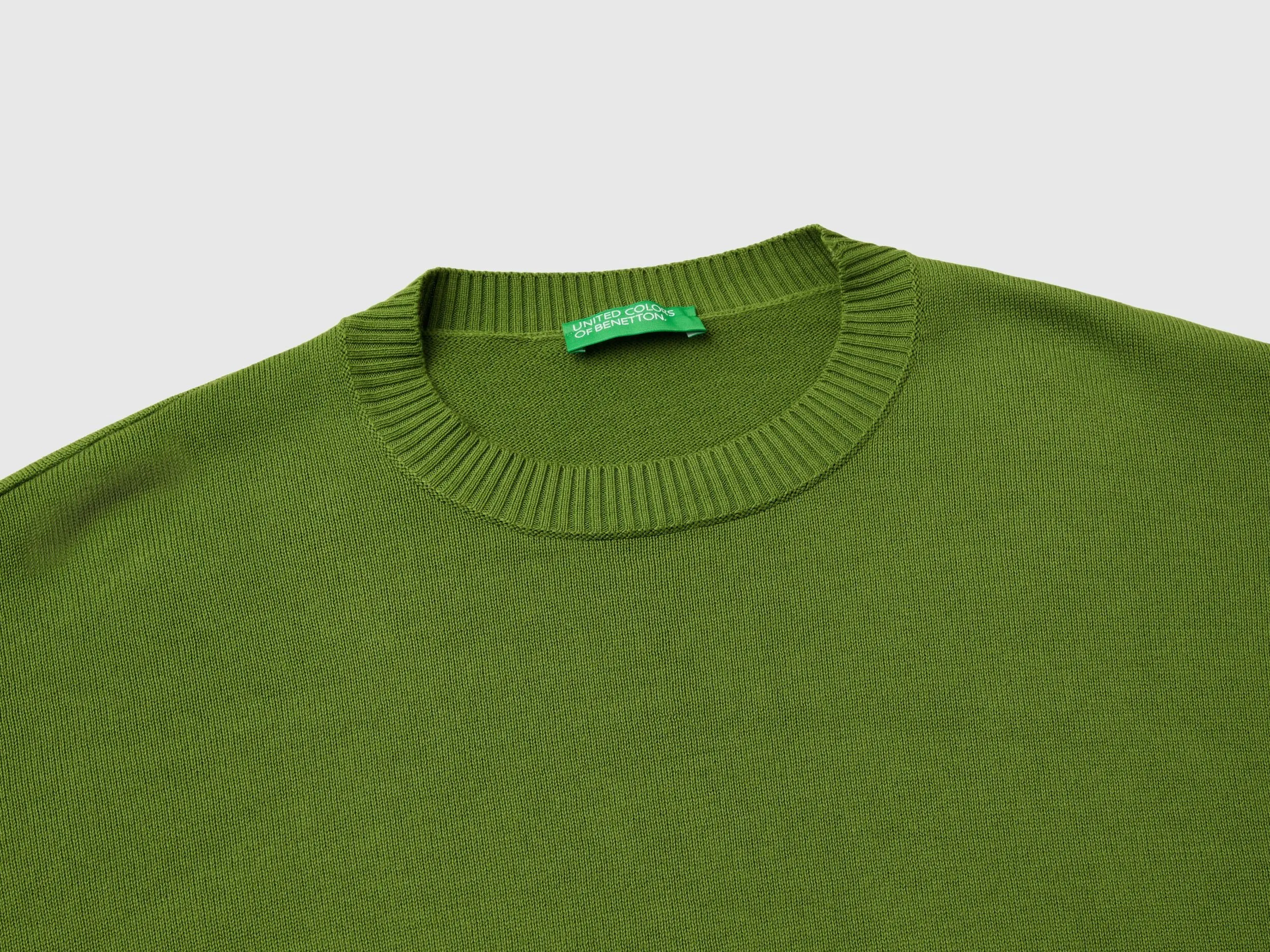 Crew neck sweater in tricot cotton - Military Green | Benetton