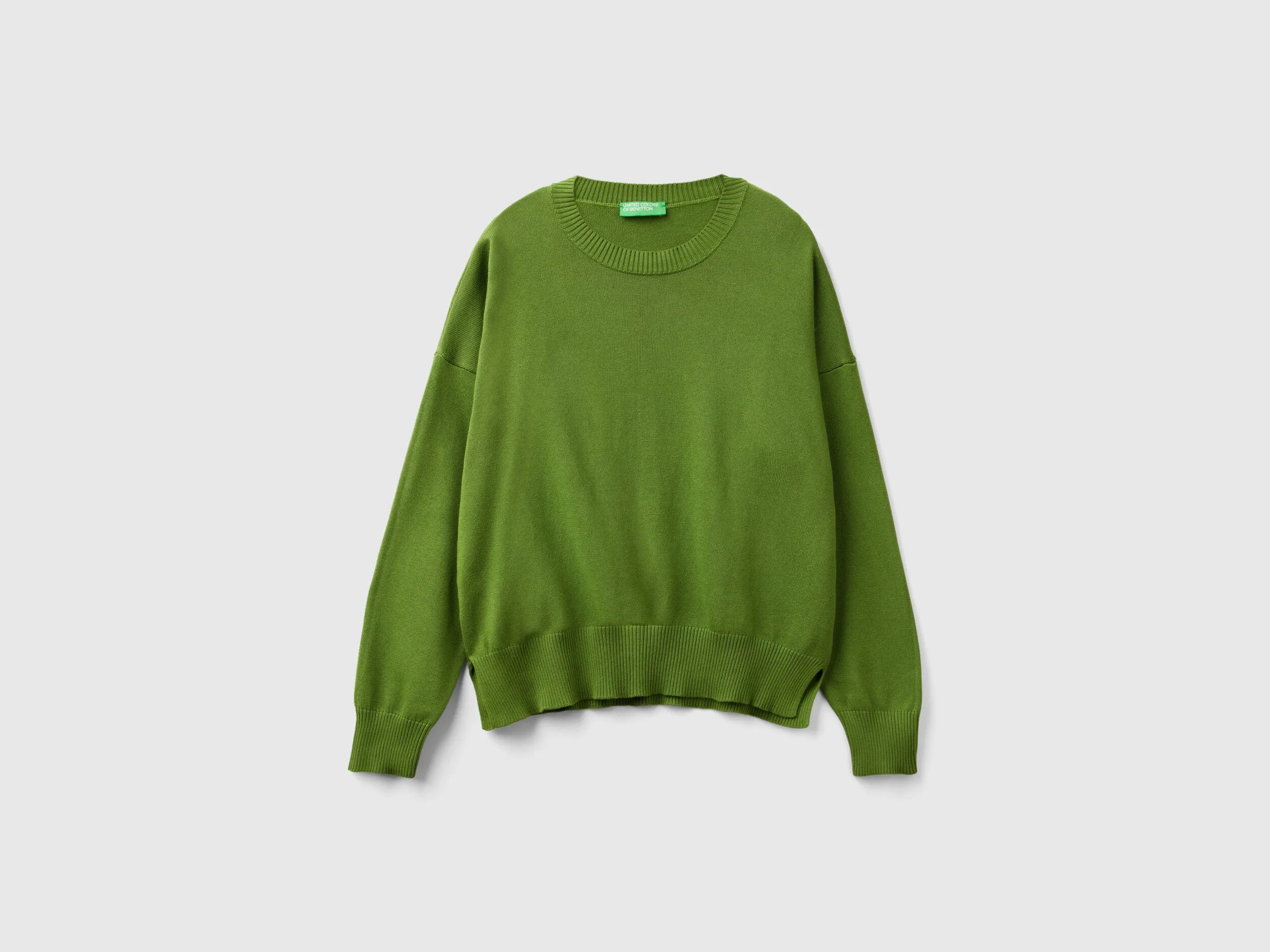 Crew neck sweater in tricot cotton - Military Green | Benetton